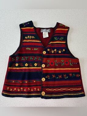 Vintage Embroidered Knit Vest in Red, Navy, Green